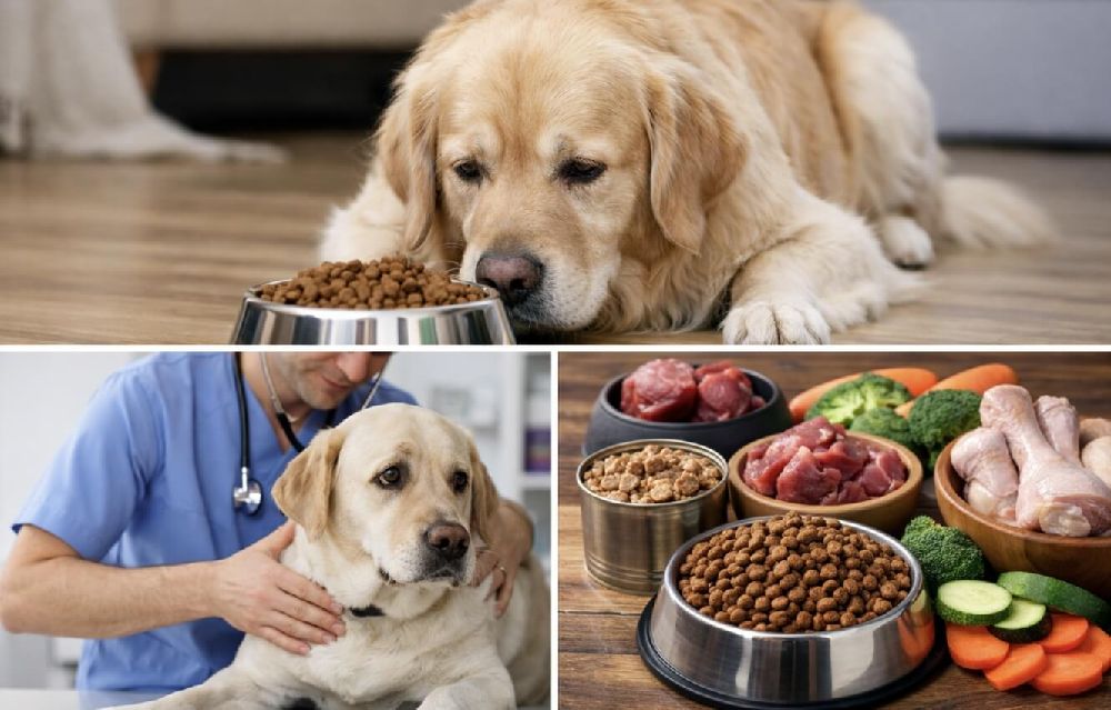 Кафяво куче лежи на пода в домашна обстановка и отказва да яде от метална купичка с гранули, докато до него седи притеснен стопанин с ръка върху гърба му, гледащ го с загрижен израз, на заден план се вижда светъл хол с диван и естествена дневна светлина